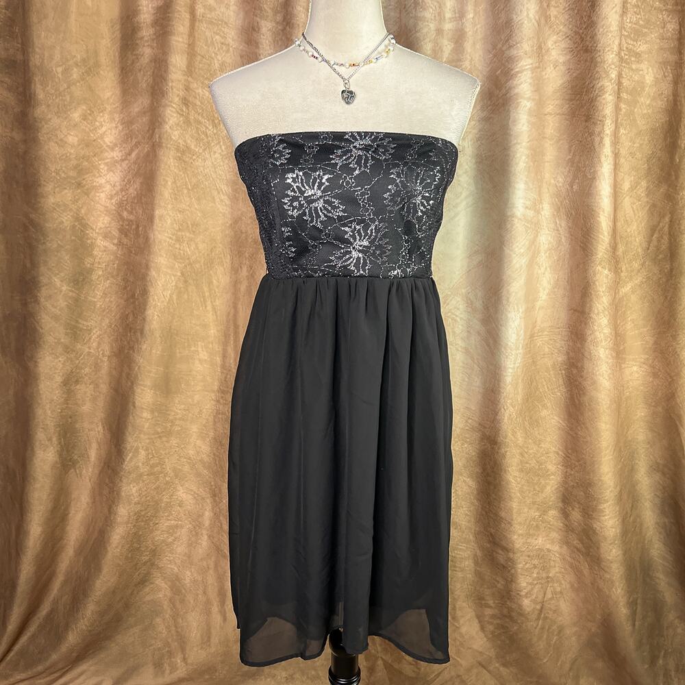 Vintage Y2K Strapless Dress Floral Metallic Empire Waist Mini Party Prom Goth